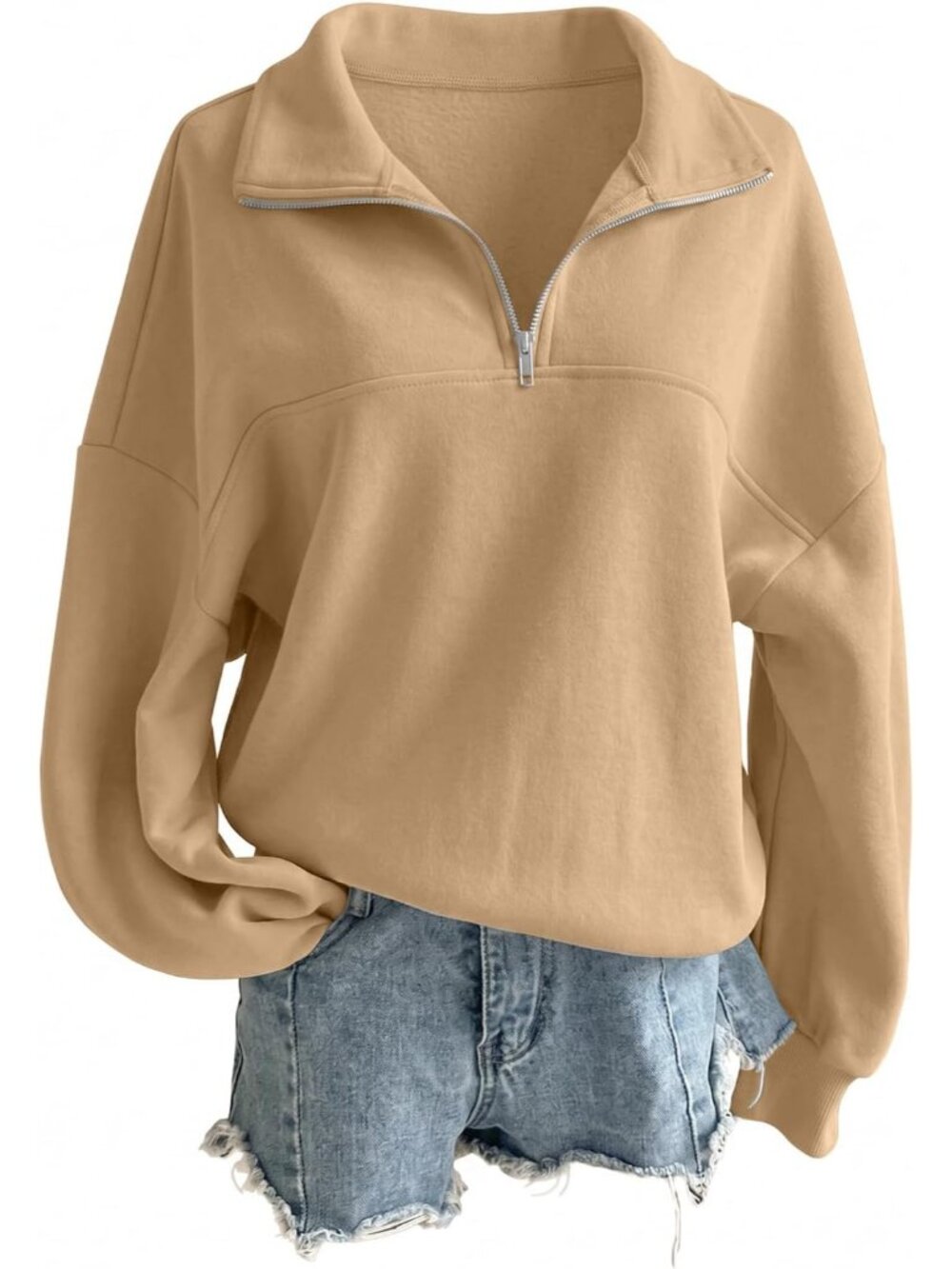 🆕Women's Khaki Oversized Quarter Zipper Pullover Casual Half Zip Hoodie